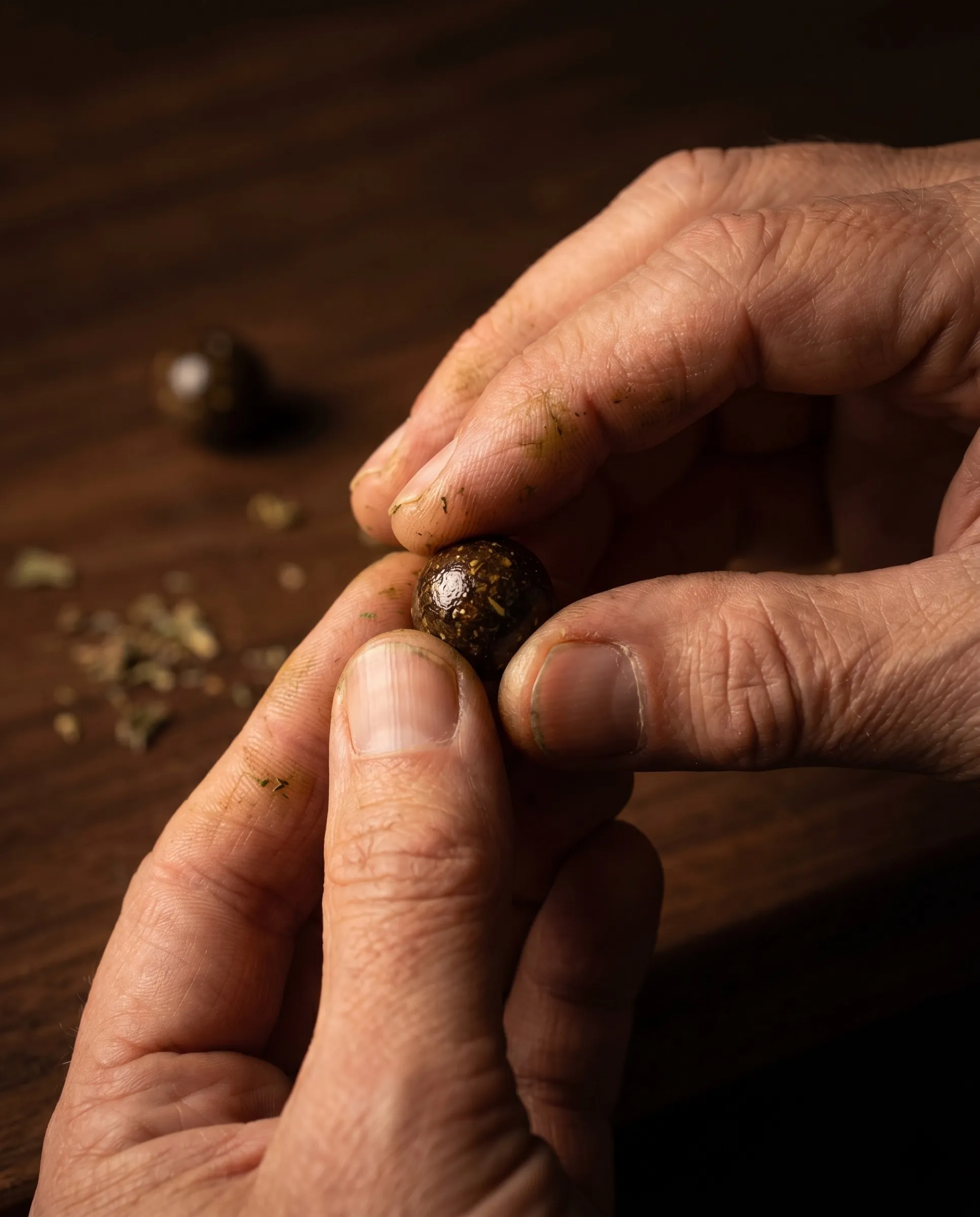 A single herbal bead held between fingers