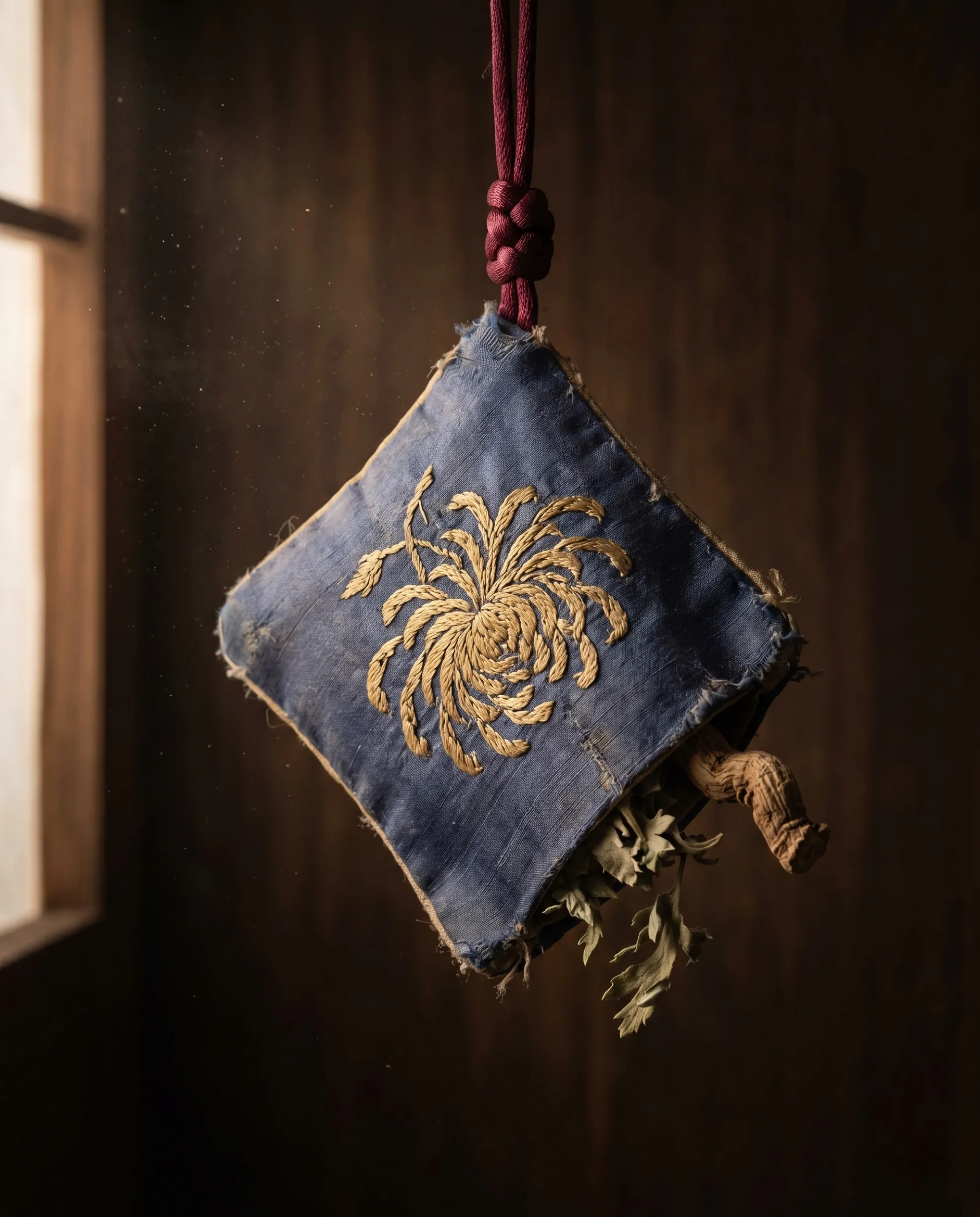 Close view of dried herbs in a hand-stitched sachet